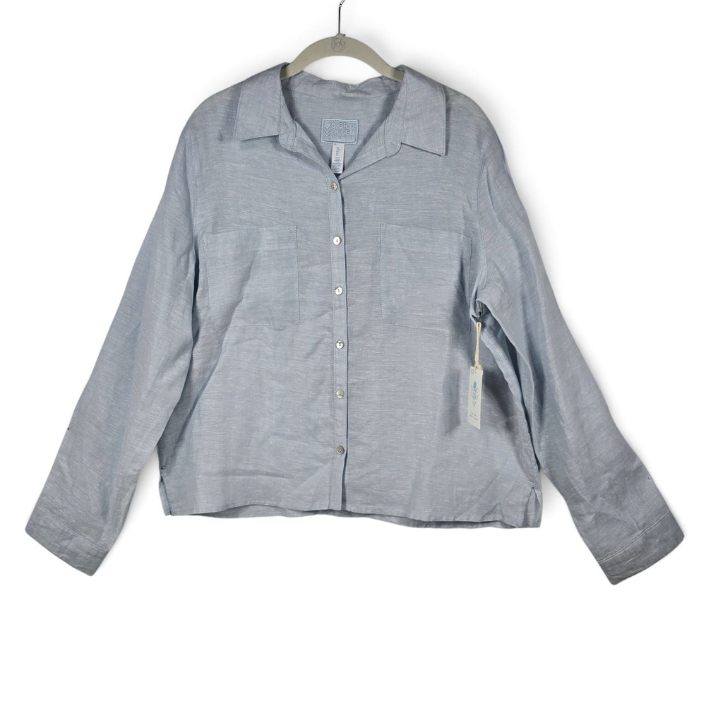 Sigrid Olsen Shirt Women Large Linen Button Down Blue Long Sleeve Pockets NEW